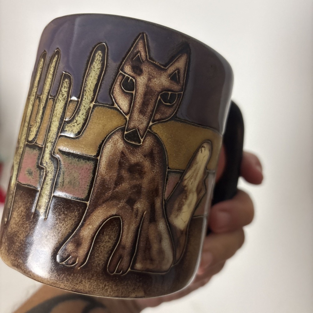 Mara Studio Art Pottery large Coffee Tea Mug Wolf Coyote Desert Cactus Mexican